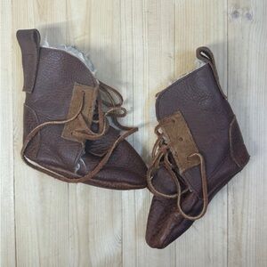 Handmade Brown Leather Baby Booties 6/12 Months lace Up Soft Sole Infant Shoe.